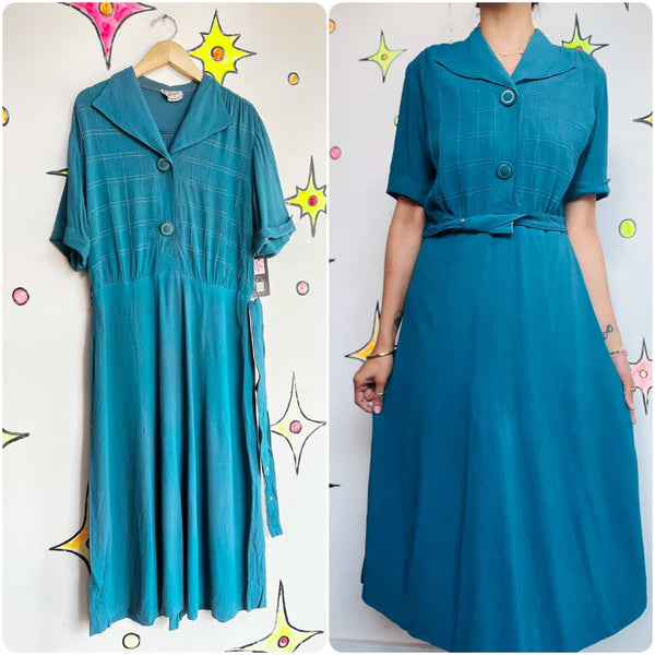 Vintage 1940s | Peacock Blue Shirtwaist Dress Fancy Buttons and Belt | M 8 / 10