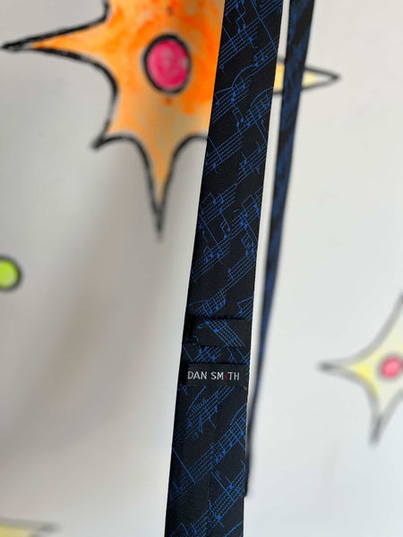 Dan Smith Retro Music Print Skinny Men's Neck Tie - Black & Blue Vintage Style