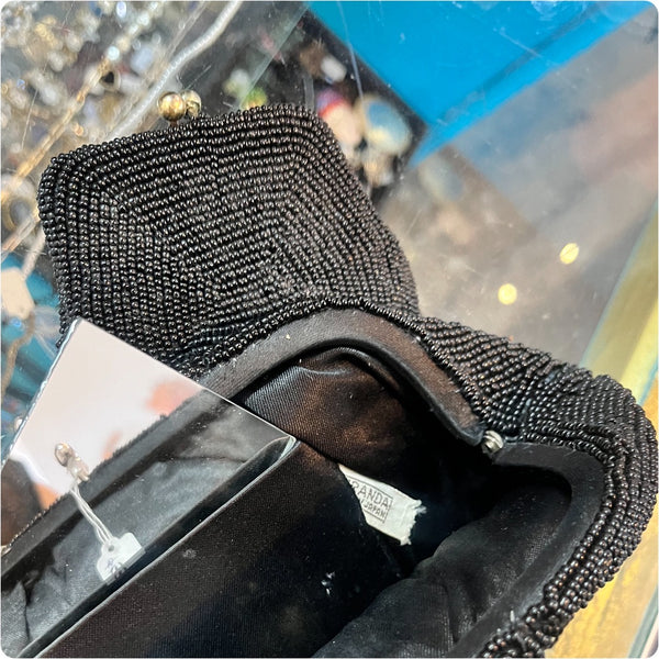 Vintage 1950s 2 piece Beaded Black Goth Glam Kisslock Purse Bag Handbag Clutch