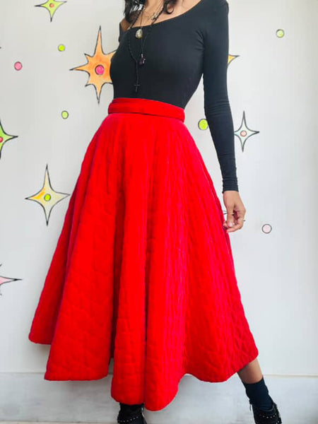 True Vintage 1950s Cherry Red Quilted Velvet Circle Skirt - Swing Rockabilly - S
