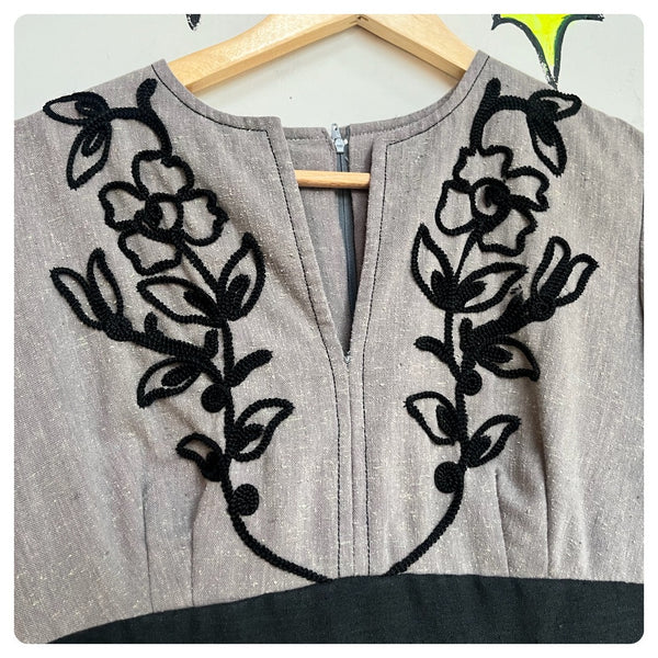 Miss K Alfred Shaheen Gray Black Victorian Inspired Embroidered Dress Small / 6