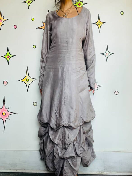 Silver Avant-Garde Maxi Dress Asymmetric Sculptural Bubble Hem Gown Minimalist M