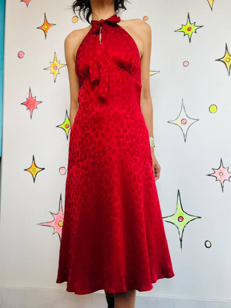 Michael Kors Red Leopard Print Silk Halter Dress Siren Cocktail Party Dress - 8