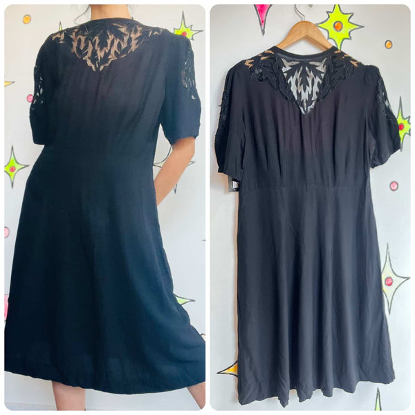 Vintage 1940s Handmade Black Dress with Lace Details – Whimsy Goth Elegance M L