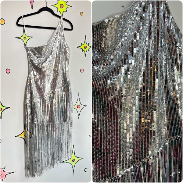 Silver Fringe Flapper Disco Cowgirl Dress - 1920s-Inspired Party Glam - Small