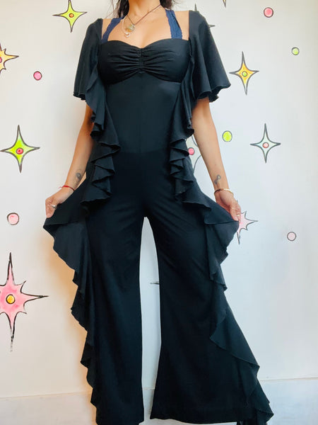 Vintage 1970s Black Ruffled Disco Jumpsuit | Glam Flare Party Catsuit | Small