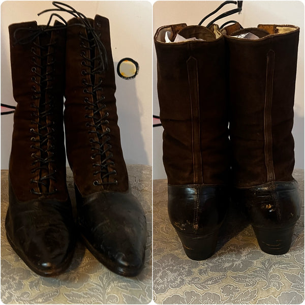 Antique Leather Victorian Boots | Brown & Black Pointy Lace Up Witchy Boots | 6