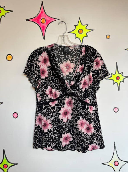 Y2K Black Fairy Grunge Top – Coquette Whimsy Goth Stretchy Floral Blouse – XL