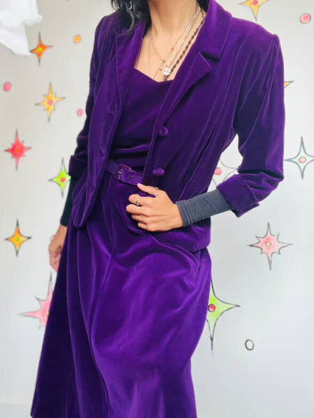Vintage 1940sβ50s Bright Purple Velveteen 3-Piece Suit | Fit & Flare | 28β Waist