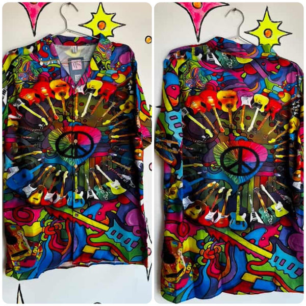 Men's Guitar Hippie Hawaiian Wearable Art Retro Party Shirt | Size Medium