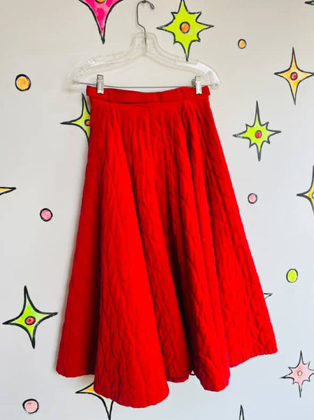 True Vintage 1950s Cherry Red Quilted Velvet Circle Skirt - Swing Rockabilly - S