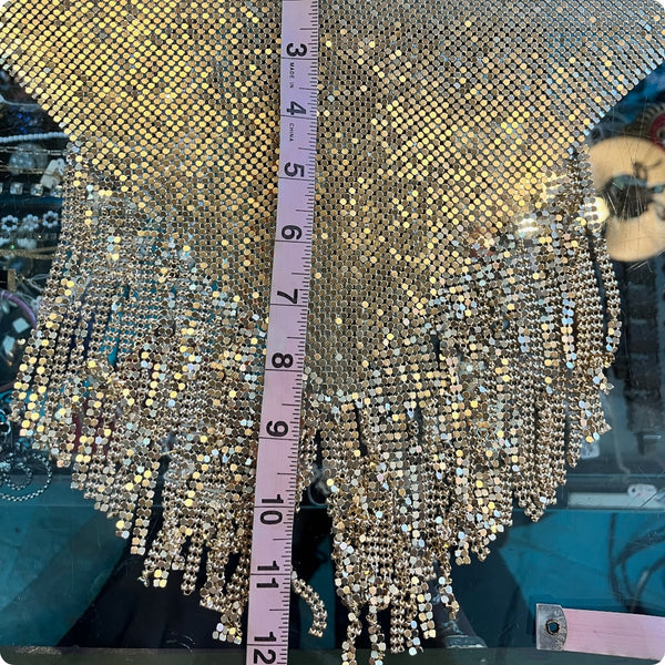 Y2K Gold Disco Rave Grunge Mesh Boho Chainmail Scarf Necklace Choker w Fringe