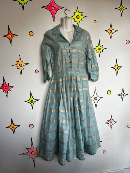 Vintage 1950s Blue & Gold Striped Fit & Flare Dress - Handmade 50s Party Dress