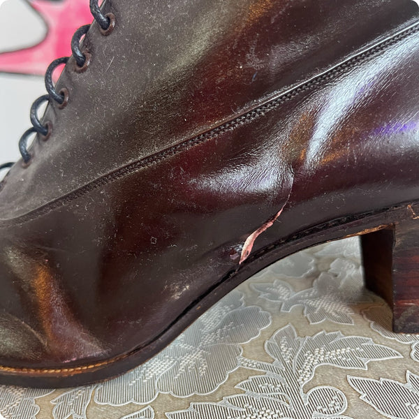 Antique Leather Victorian Boots | Shiny Brown Pointy Lace Up Boots | Size 7-7.5