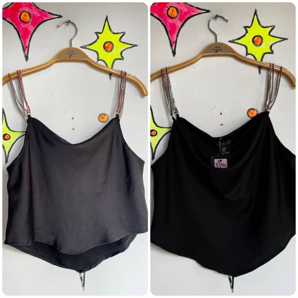 Y2K Black Silky Cami Top - Rhinestone Straps - Asymmetrical Glam Clubwear - M