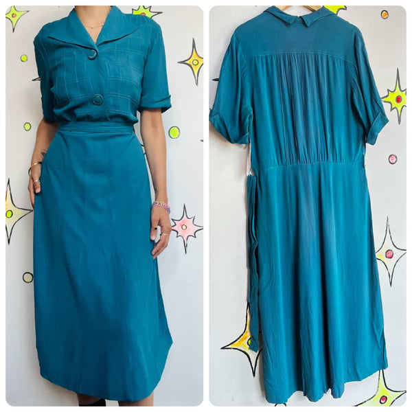 Vintage 1940s | Peacock Blue Shirtwaist Dress Fancy Buttons and Belt | M 8 / 10