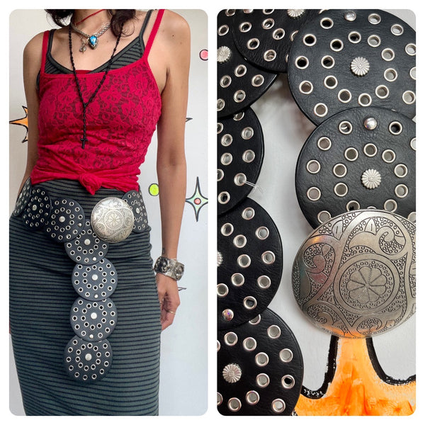 Retro Y2K | Concho Western Boho Wide Chunky Cowgirl Vegan Leather Belt