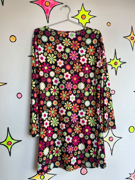 Retro 90s MOD GoGo Mini Dress | Psychedelic Floral Print | 60s Costume - L
