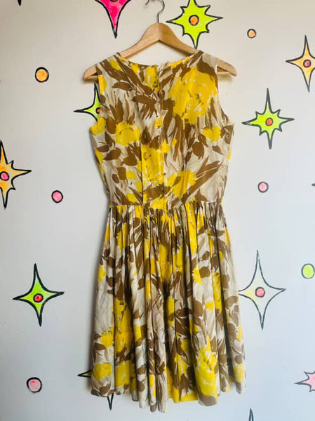 Vintage 1950s Yellow Rose Print Fit & Flare Dress Full Skirt Fairy Grunge | 5/6