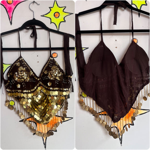 Boho Gypsy Fairy Grunge Beaded Gold Coins Halter Top Show Girl Dance One Size