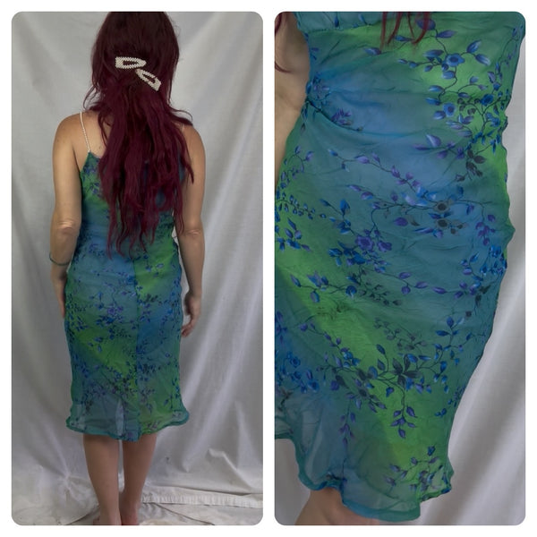 Y2K Blue Green Abstract Floral Mermaid Slip Dress Fairy Grunge Princess Midi S