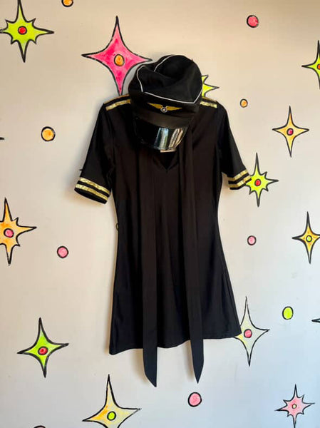 Black & Gold Sexy Pilot Flight Attendant Halloween Costume | Includes Hat | M