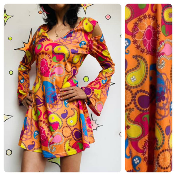 Retro 90s Does 60s/70s MOD GoGo Psychedelic Rainbow Paisley Mini Dress – M