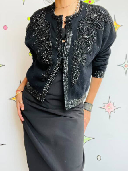 Vintage 1950s | Beaded Black Boho Grunge Whimsy Goth Wool Cardigan Sweater | S