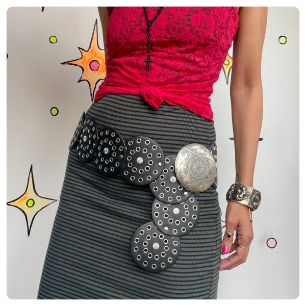 Retro Y2K | Concho Western Boho Wide Chunky Cowgirl Vegan Leather Belt