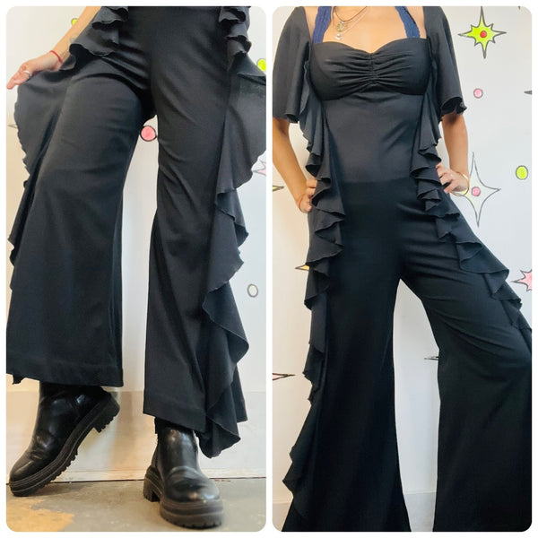 Vintage 1970s Black Ruffled Disco Jumpsuit | Glam Flare Party Catsuit | Small