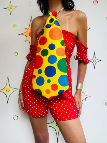 Clown Bozo Circus Halloween Costume Playsuit ā Clowncore Party Outfit w Tie ā L
