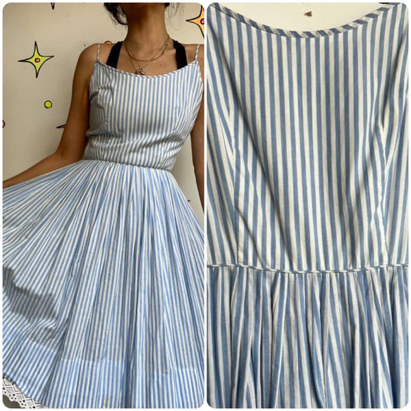 Vintage 1950s | Pastel Blue Striped Fit and Flare Cotton Day Dress | S M