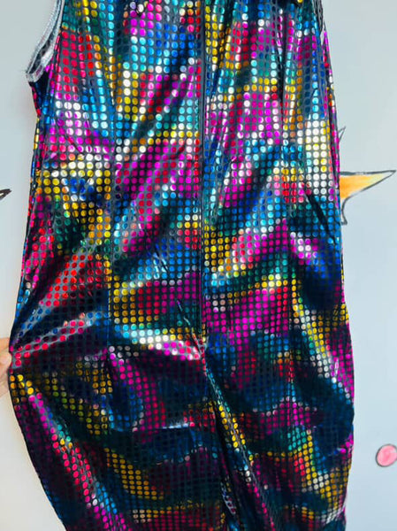 Unisex Rainbow Metallic Disco Big Collar Bellbottom Jumpsuit - Clown Costume - L