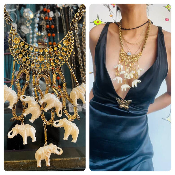 Vintage 1960s | Bohemian Boho White and Gold Tone Elephant Bib Necklace