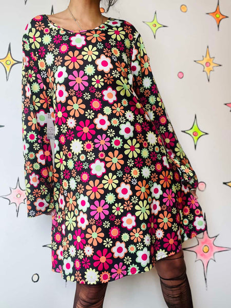 Retro 90s MOD GoGo Mini Dress | Psychedelic Floral Print | 60s Costume - L