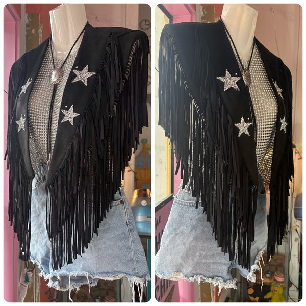 Retro Western Embellished Black Faux Suede Fringe Collar