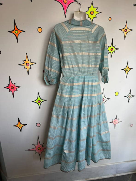 Vintage 1950s Blue & Gold Striped Fit & Flare Dress - Handmade 50s Party Dress
