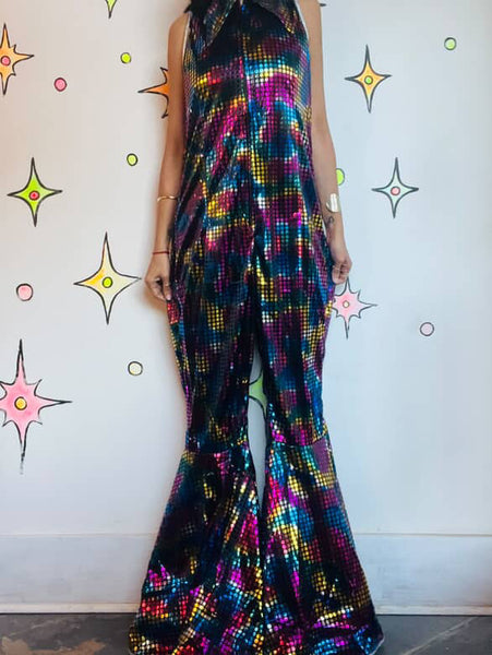 Unisex Rainbow Metallic Disco Big Collar Bellbottom Jumpsuit - Clown Costume - L