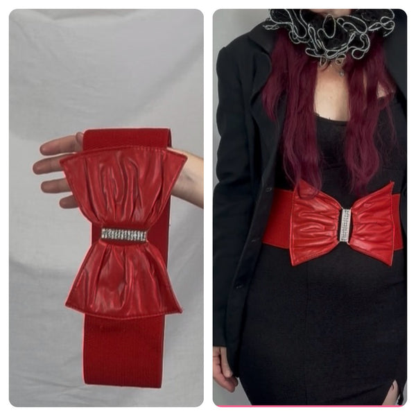 Cherry Red Stretch Corset Bow Belt - Rhinestone Statement Cincher - S/M