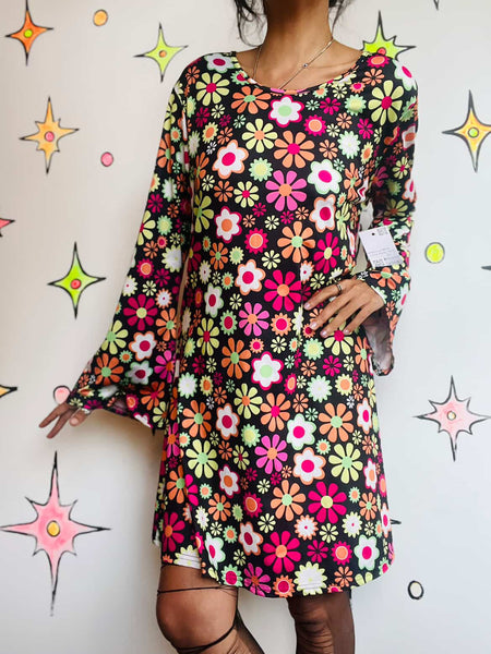 Retro 90s MOD GoGo Mini Dress | Psychedelic Floral Print | 60s Costume - L