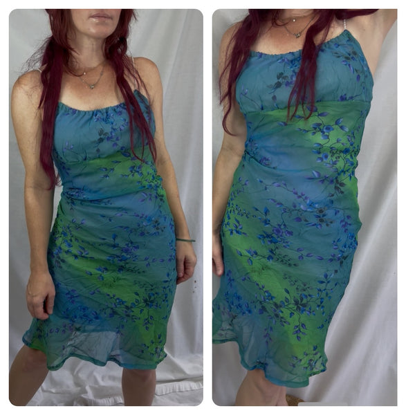 Y2K Blue Green Abstract Floral Mermaid Slip Dress Fairy Grunge Princess Midi S