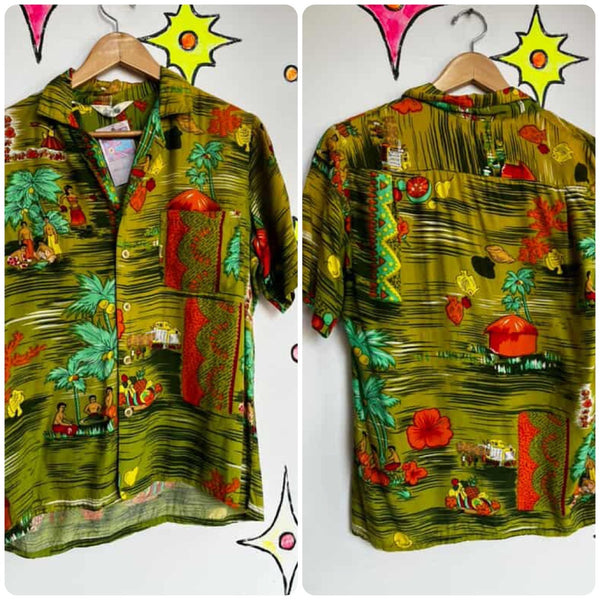 Vintage 1950s Green Hawaiian Tiki Shirt - Lightweight Cotton - Mens Small