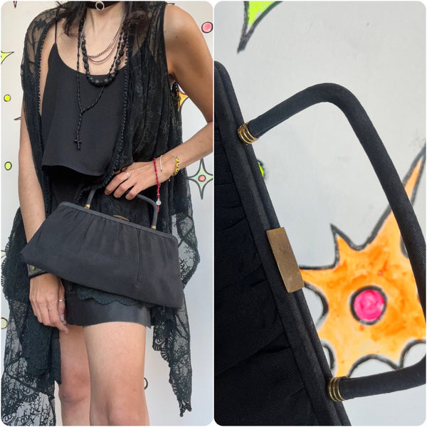 Vintage 1950s Black Satin Goth Glam Old Hollywood Purse Bag Handbag with Handle