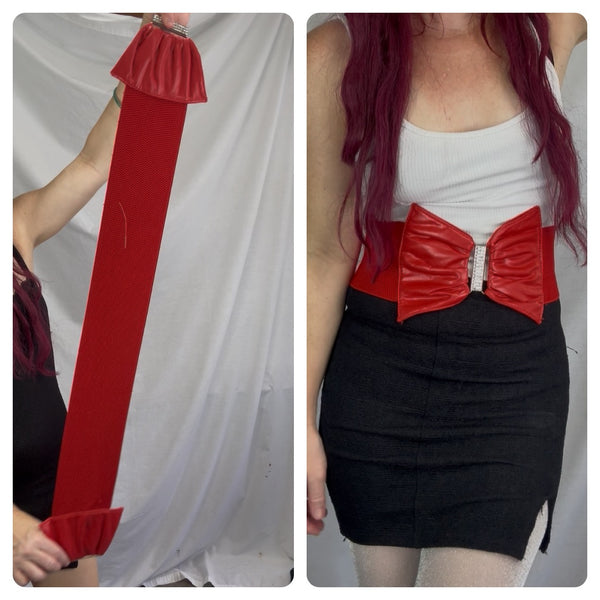 Cherry Red Stretch Corset Bow Belt - Rhinestone Statement Cincher - S/M