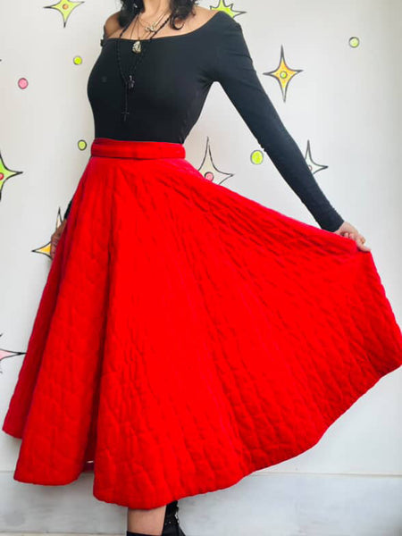 True Vintage 1950s Cherry Red Quilted Velvet Circle Skirt - Swing Rockabilly - S