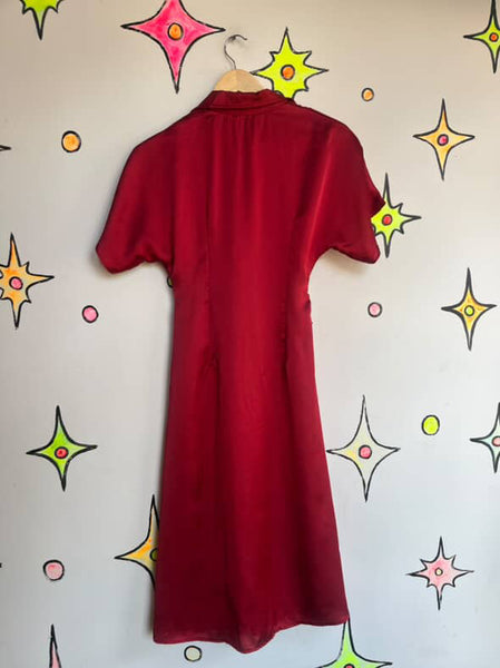 Y2K Cherry Red Silky Shirt Dress - Copycat Miu Miu Style - Small