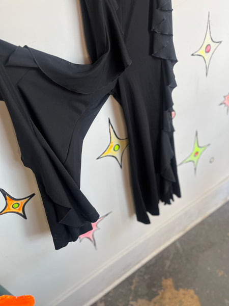 Vintage 1970s Black Ruffled Disco Jumpsuit | Glam Flare Party Catsuit | Small