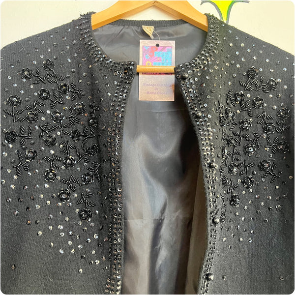 Vintage 1950s | Beaded Black Boho Grunge Whimsy Goth Wool Cardigan Sweater | M L
