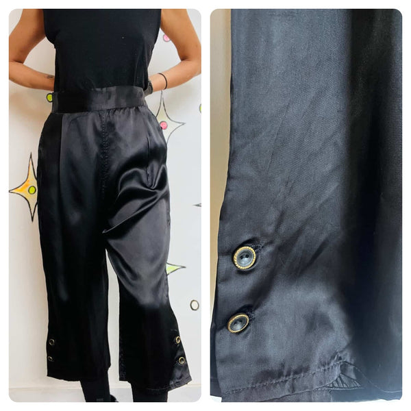 Vintage 1930s Black Silk High-Waisted Loungewear Trousers | Capri Pants | 29