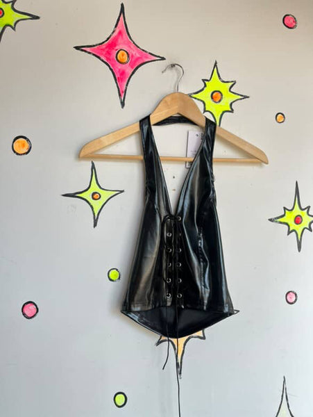 Mall Goth Wet Look Vegan Leather Corset Bustier - Fairy Grunge Lace-Up Top - S